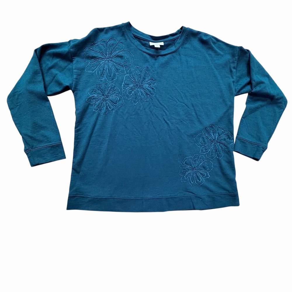 J.Jill Women's Teal Embroidered Floral Sweatshirt Cotton Tencel Pullover Size S